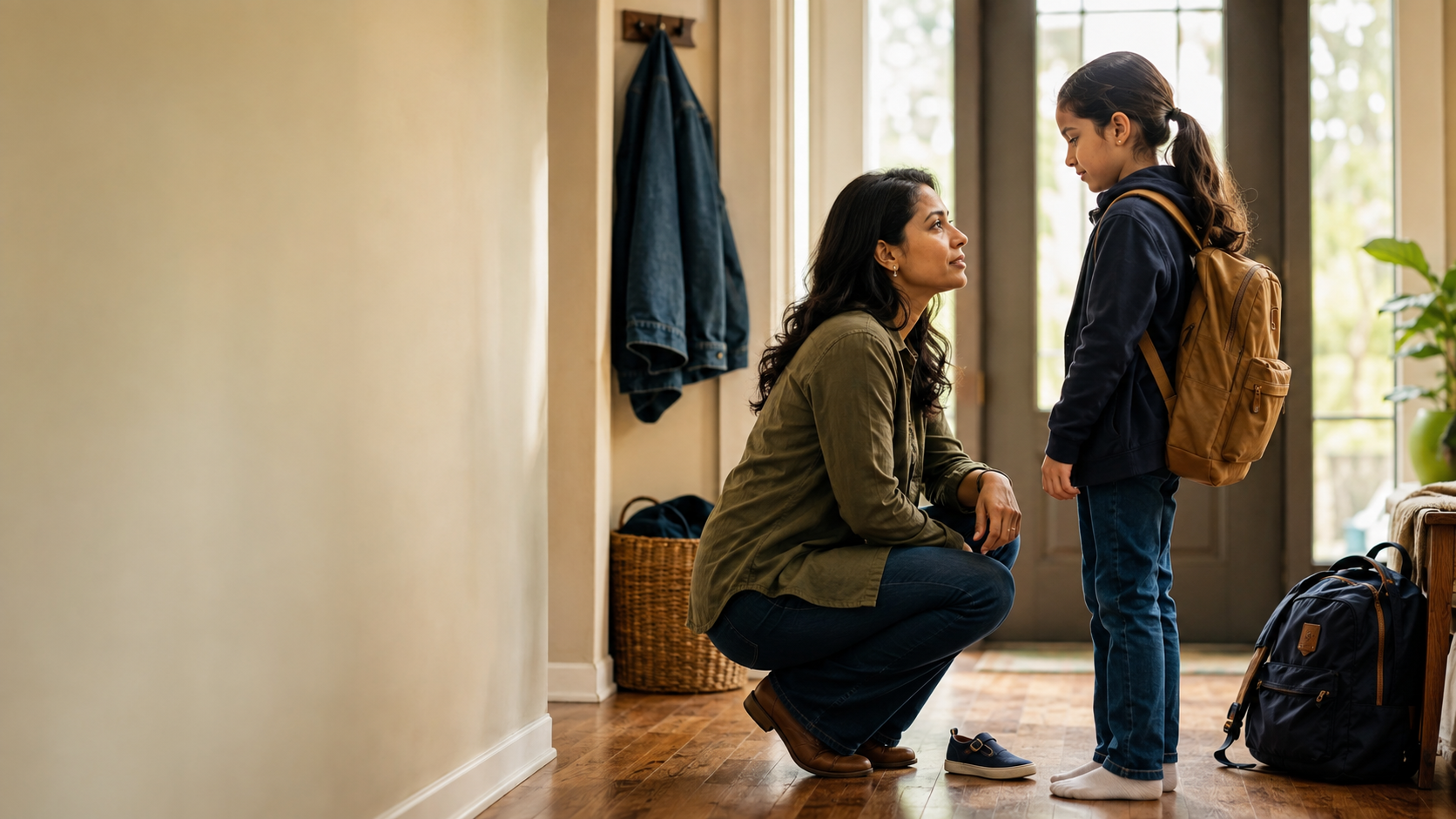 A parent pauses at a child’s eye level during a rushed school morning